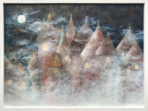 Grand tableau représentant un château dans la brume